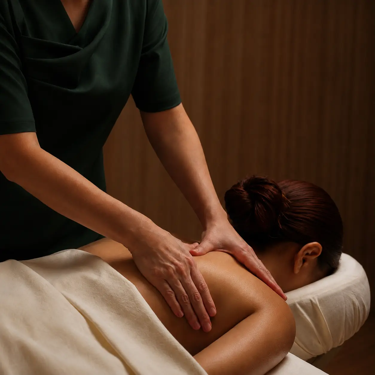 Relaxing massage in a softly lit spa setting